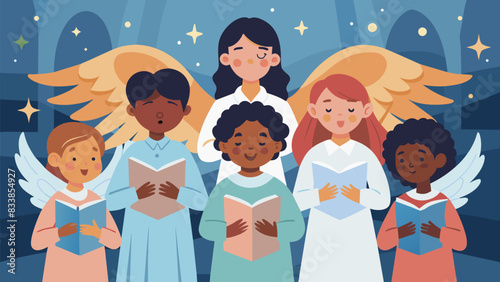 The sound of angelic voices ringing through the church as the childrens choir sings a cappella their voices blending and soaring in perfect harmony.. Vector illustration