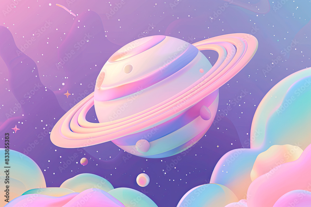 A 3D colorful planet with a rainbow swirls and a pink and purple sky A 3D colorful planet with a rainbow swirls and a pink and purple sky
