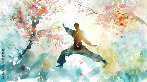 Watercolor painting of kung fu master. Beautiful watercolor painting of a Kung Fu master practicing martial arts in a serene natural setting with blossoming trees.