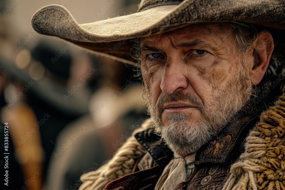 A photorealistic close-up shot of a historical reenactment, detailed facial expressions, period-accurate costumes, dramatic lighting, slight sepia tone for authenticity