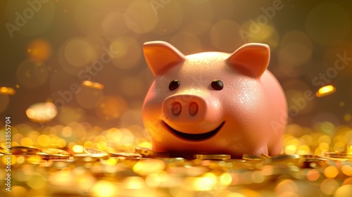 An artistic 3D illustration of a piggy bank overflowing with coins, representing successful budgeting and savings.