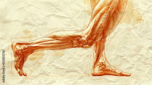 Sketch of human leg anatomy using warm tones to highlight muscle and bone structure