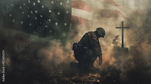 An illustration of an American veteran kneeling down in the dirt to a holy cross, a smokey ambience with the American flag in the background photo