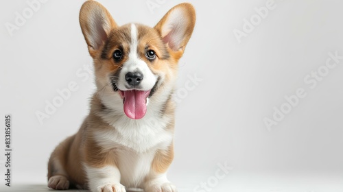 A precious 14-week-old Welsh Corgi pup, its tongue peeking out in a contented pant, its bright eyes reflecting pure canine bliss as it sits against a pristine white background © PZ Studio