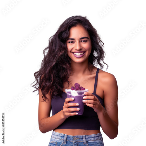 MULHER SORRINDO SEGURANDO COPO DE AÇAÍ