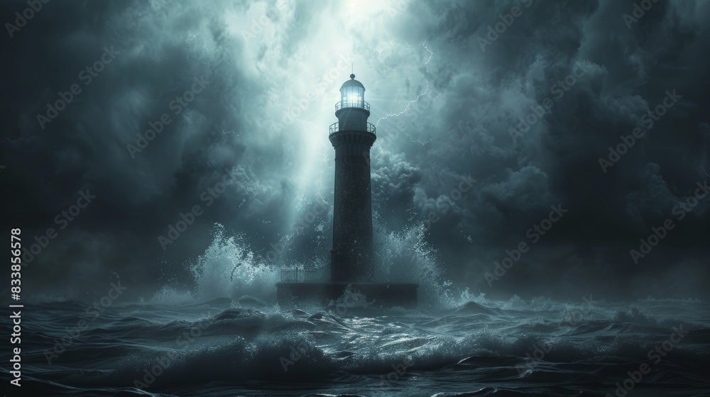 A conceptual 3D illustration of a lighthouse as a symbol of leadership, guiding ships through rough waters, with a beam of light shining into the sky. A conceptual 3D illustration of a lighthouse as a symbol of leadership, guiding ships through rough waters, with a beam of light shining into the sky.