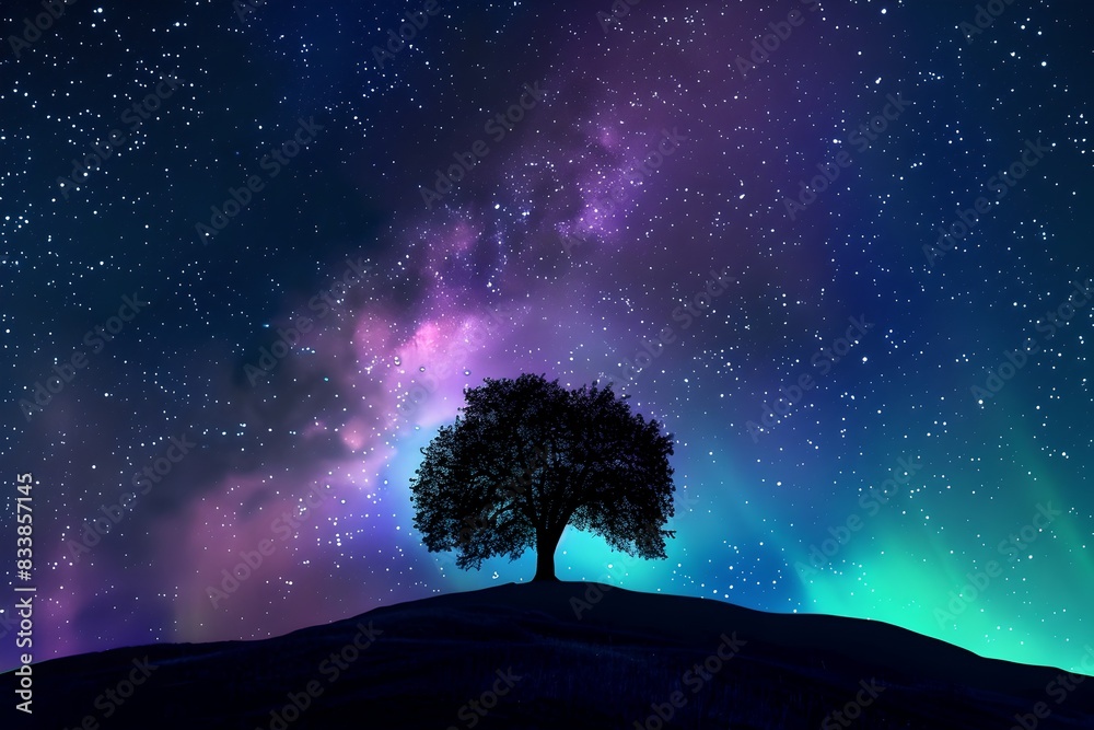 Lonely tree under the starry sky. A surreal night scene depicting a lone tree on a hill under a vibrant night sky. Perfect for backgrounds, digital art, and wallpapers. Generative AI Lonely tree under the starry sky. A surreal night scene depicting a lone tree on a hill under a vibrant night sky. Perfect for backgrounds, digital art, and wallpapers. Generative AI