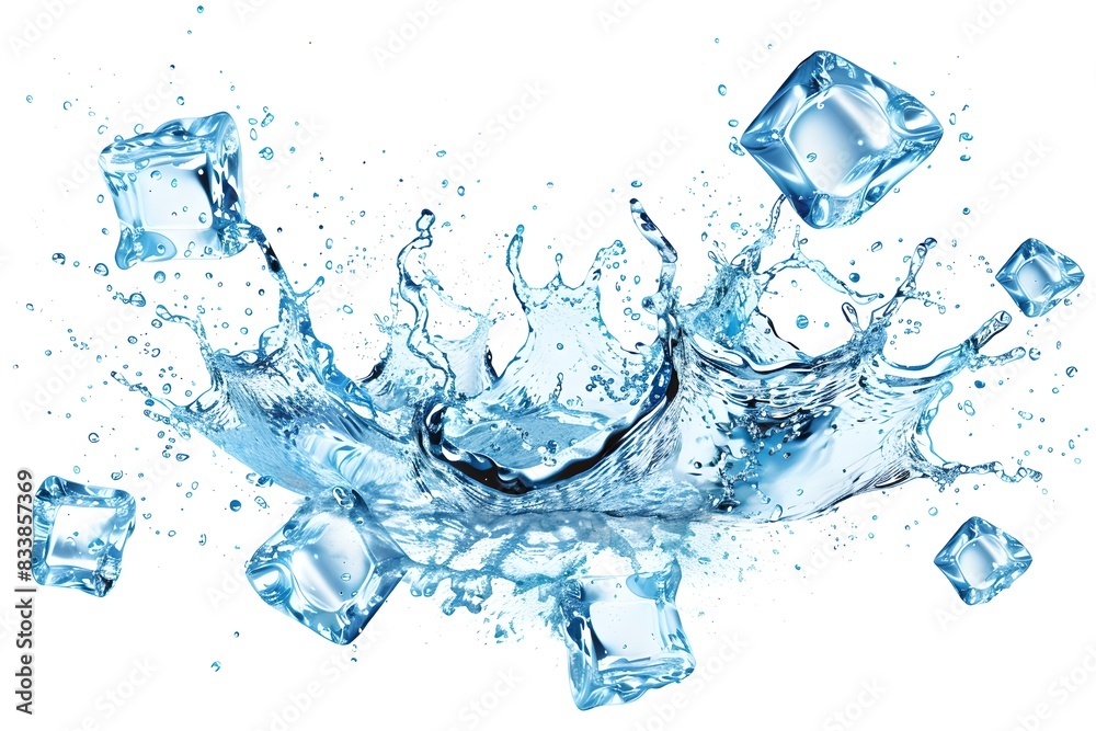 Dynamic splash of water with ice cubes. Clean fresh concept. Perfect for advertisements, websites, or any creative projects. Effective display of movement and refreshment. Generative AI Dynamic splash of water with ice cubes. Clean fresh concept. Perfect for advertisements, websites, or any creative projects. Effective display of movement and refreshment. Generative AI
