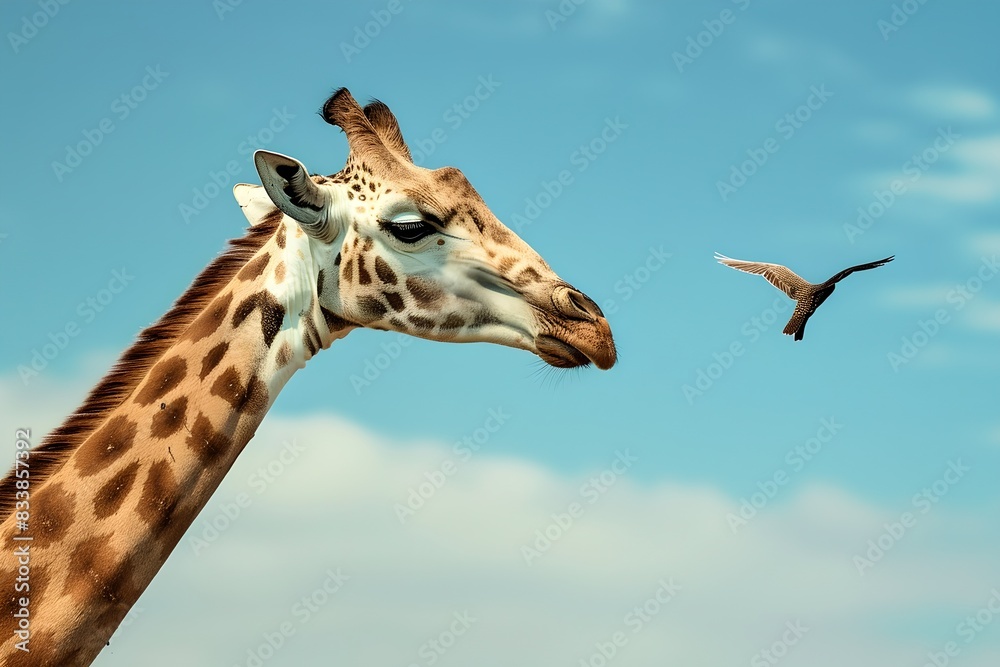 A tranquil day in wildlife with a giraffe and bird facing each other. Conceptual image highlighting nature's serenity. Ideal for educational and artistic purposes. Generative AI A tranquil day in wildlife with a giraffe and bird facing each other. Conceptual image highlighting nature's serenity. Ideal for educational and artistic purposes. Generative AI