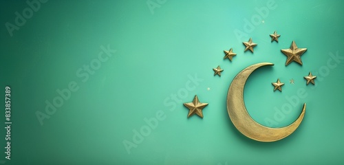 Subtle Eid ul Adha crescent moon and stars on a light teal background with copy space for text