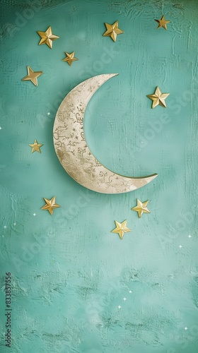 Subtle Eid ul Adha crescent moon and stars on a light teal background with copy space for text