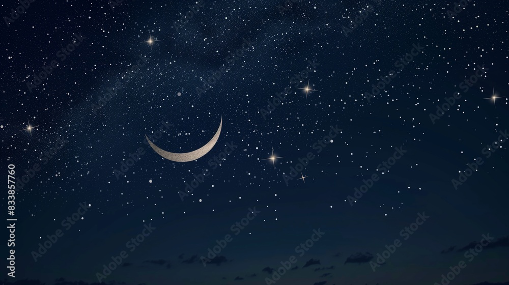 Subtle Eid ul Adha night sky with silver stars and a crescent moon on a deep, midnight blue background for a serene atmosphere Subtle Eid ul Adha night sky with silver stars and a crescent moon on a deep, midnight blue background for a serene atmosphere