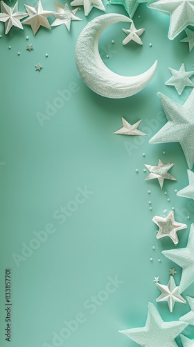 Subtle Eid ul Adha crescent moon and stars on a light teal background with copy space for text