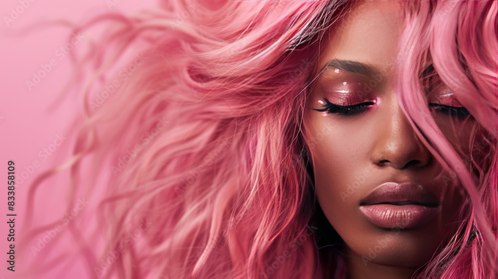 Fototapeta premium Portrait of stylish young African American woman posing with half of her face covered by her long pink hair.