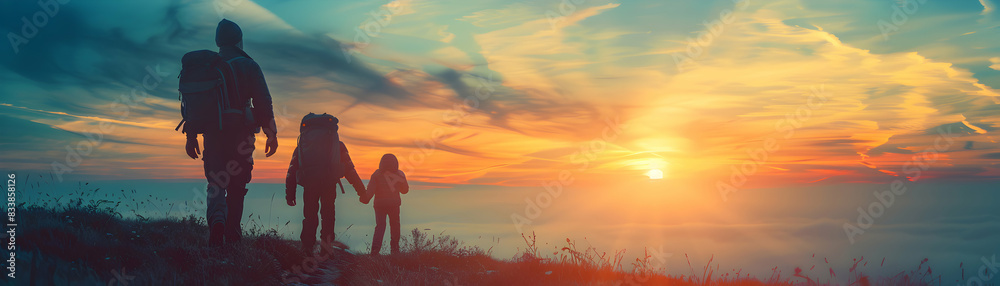 Photo realistic Travelers silhouette  horizon concept, symbolizing hope  new journeys. Perfect for travel  adventure ads. on Adobe Stock.