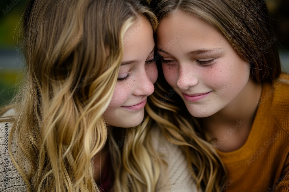 Close-up of two young girls showing affection with a tender, loving head-to-head embrace Close-up of two young girls showing affection with a tender, loving head-to-head embrace
