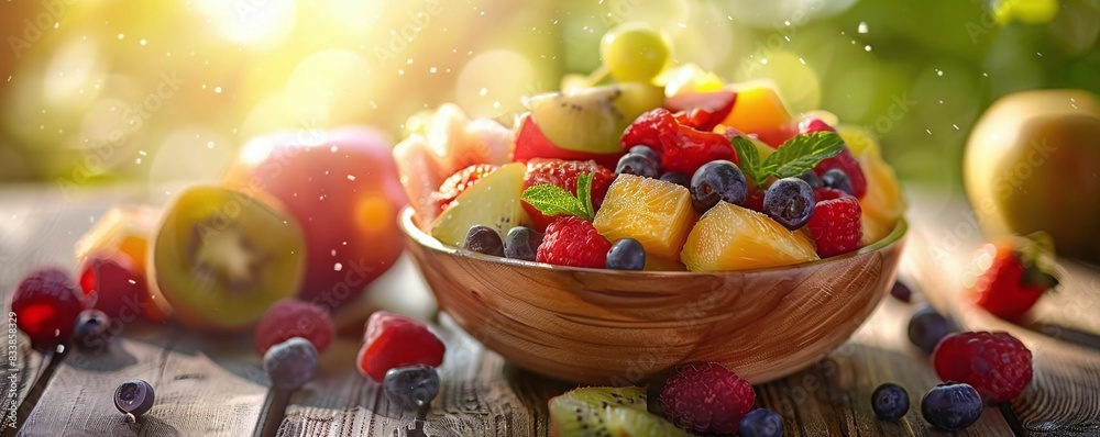 Design a scene of eating a fresh fruit salad for a healthy summer snack Design a scene of eating a fresh fruit salad for a healthy summer snack