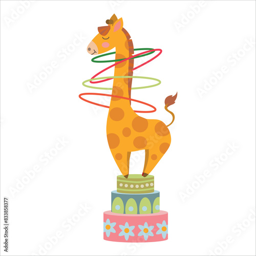A giraffe spins a hula hoop. Circus. Circus actor. Fluffy animal. Trick. Decoration for a holiday or fair. Vector illustration isolated on white background.