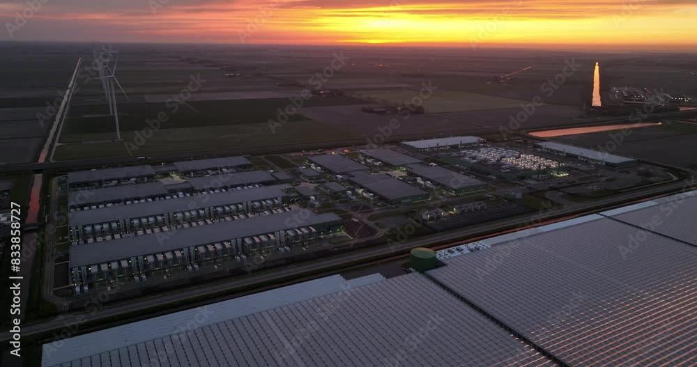 Drone footage of datacenter building facility and business infrastructure at dusk in the Netherlands