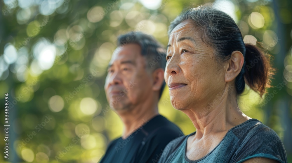 An elderly couple standing side by side gazing into the distance with a serene expression surrounded by An elderly couple standing side by side gazing into the distance with a serene expression surrounded by