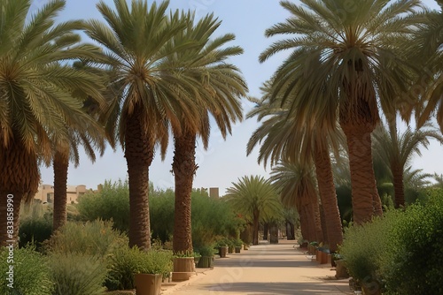 Green palms in nature reserves for planting palm trees, fields and agricultural land, Arab national local products, Saudi dates and crop dates.