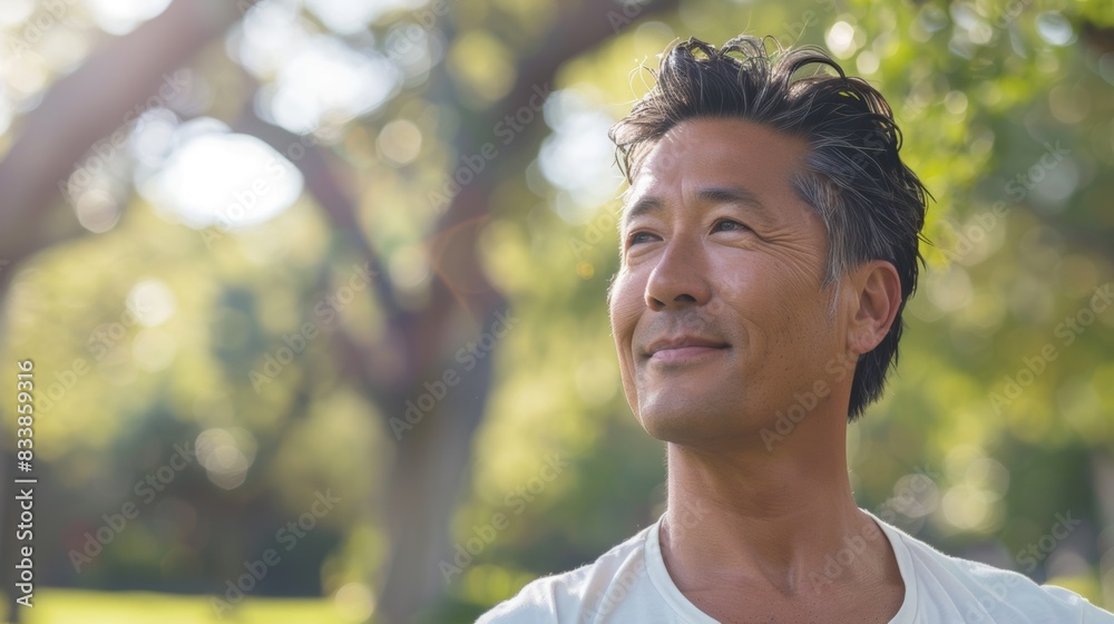 A man with a content expression standing in a park with trees and sunlight wearing a white shirt. A man with a content expression standing in a park with trees and sunlight wearing a white shirt.