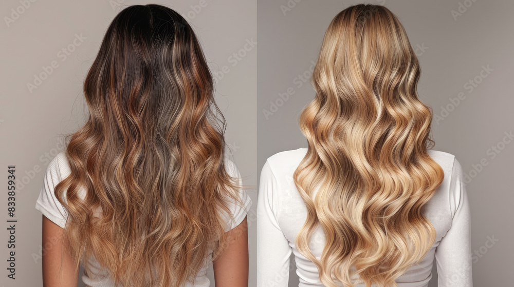 Fototapeta premium Step-by-step guide to adding hair extensions or wearing a wig.Blonde, long hair with balayage or ombre highlights.Rear view of a woman with beautiful, voluminous, curly hair.