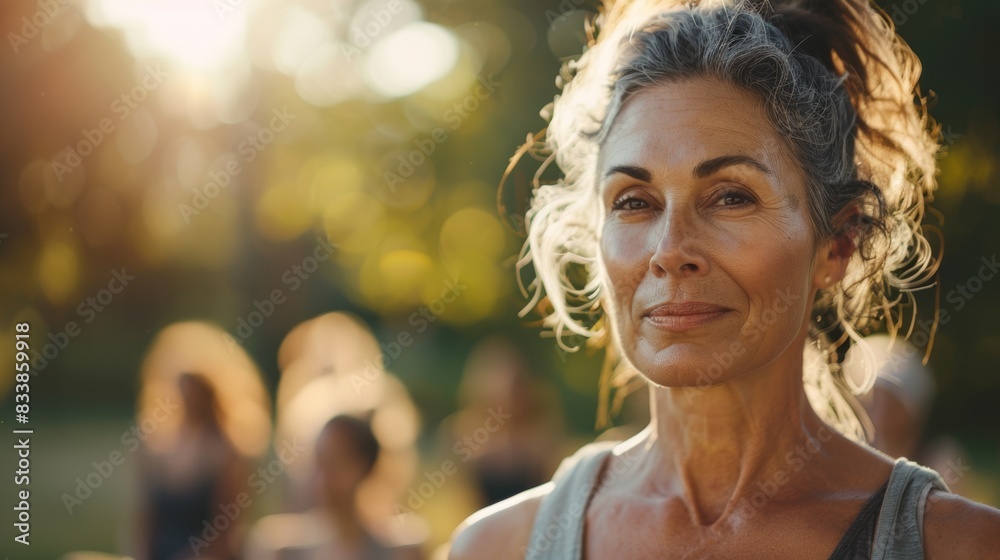 A woman with gray hair wearing a sleeveless top standing in a field with a blurred background of trees and people looking directly at the camera with a gentle expression.
