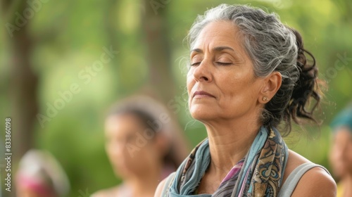 A woman with closed eyes appearing to meditate surrounded by blu rred figures suggesting a group setting possibly a yoga or meditation class. photo