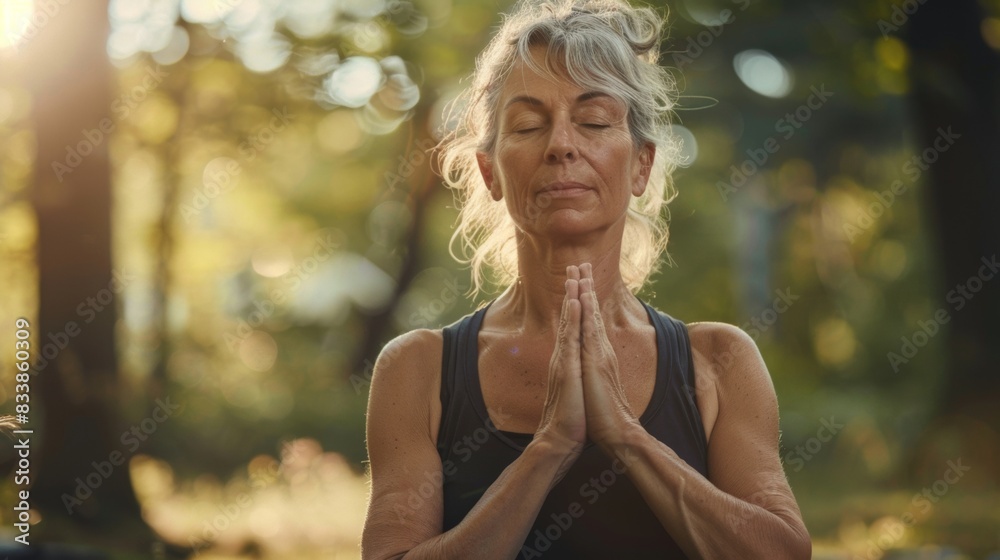 A woman in a black tank top with her eyes closed is standing in a serene forest setting holding her hands together in a prayerful or meditative pose. A woman in a black tank top with her eyes closed is standing in a serene forest setting holding her hands together in a prayerful or meditative pose.