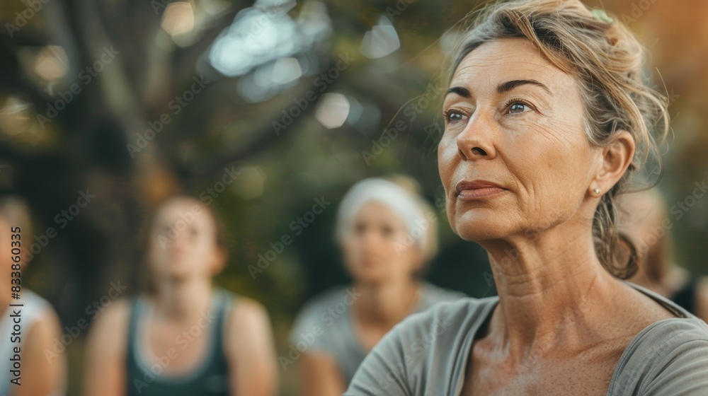 A woman with a contemplative expression surrounded by a group of people possibly in a natural setting with trees. A woman with a contemplative expression surrounded by a group of people possibly in a natural setting with trees.