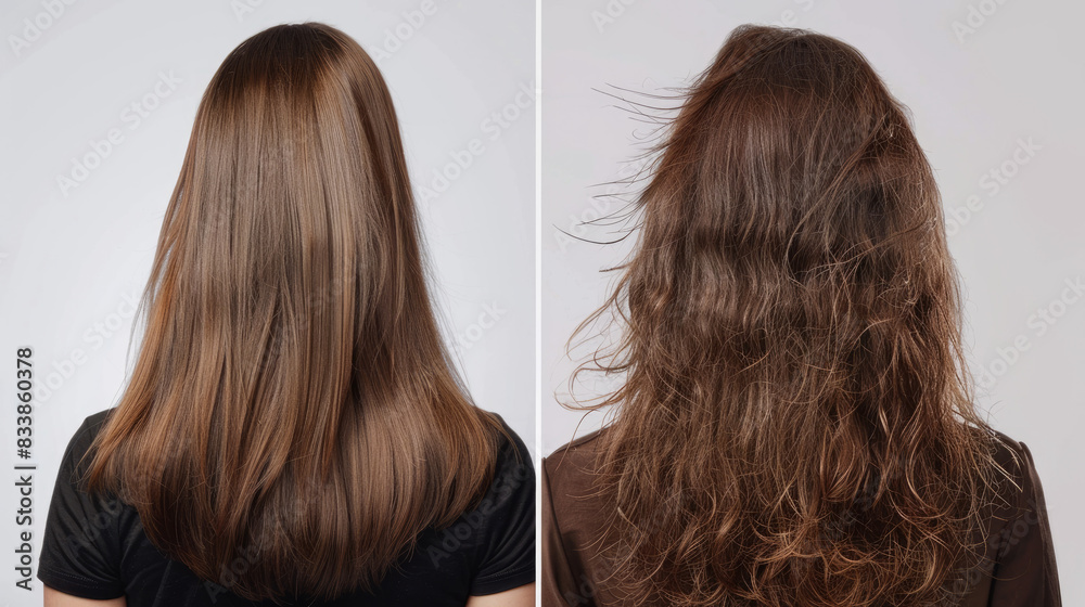 Fototapeta premium Transform dull, damaged hair into healthy, luscious locks with our keratin treatment. See the before-and-after results of this transformative hair care solution.