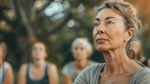 A woman with a contemplative expression surrounded by a group of people possibly in a natural setting with trees.
