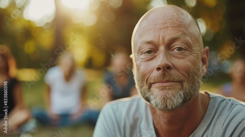 A bald man with a gray beard and mustache wearing a gray shirt sitting in a park with a blurred background of trees and people smiling at the camera.