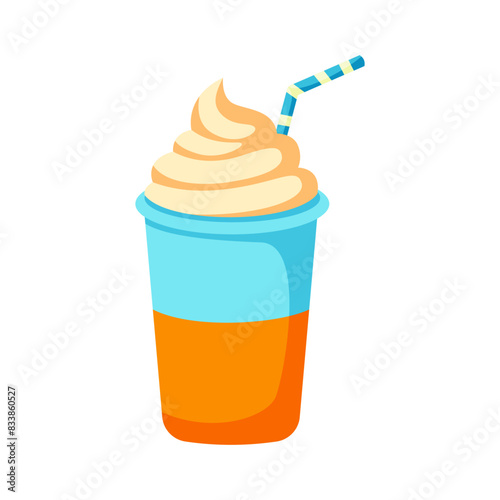 Twirl ice cream cocktail in plastic cup with stripped straw. Cold fresh dessert for hot summer