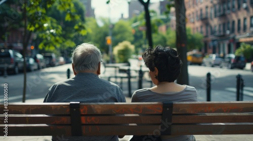 An elderly couple sitting on a bench enjoying a peaceful moment on a city street.