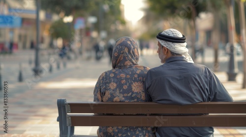 An elderly couple dressed in traditional Middle Eastern attire sit together on a bench enjoying a peaceful moment on a city street.