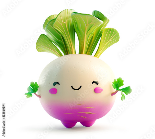 Happy turnip character with green leaves on white background
