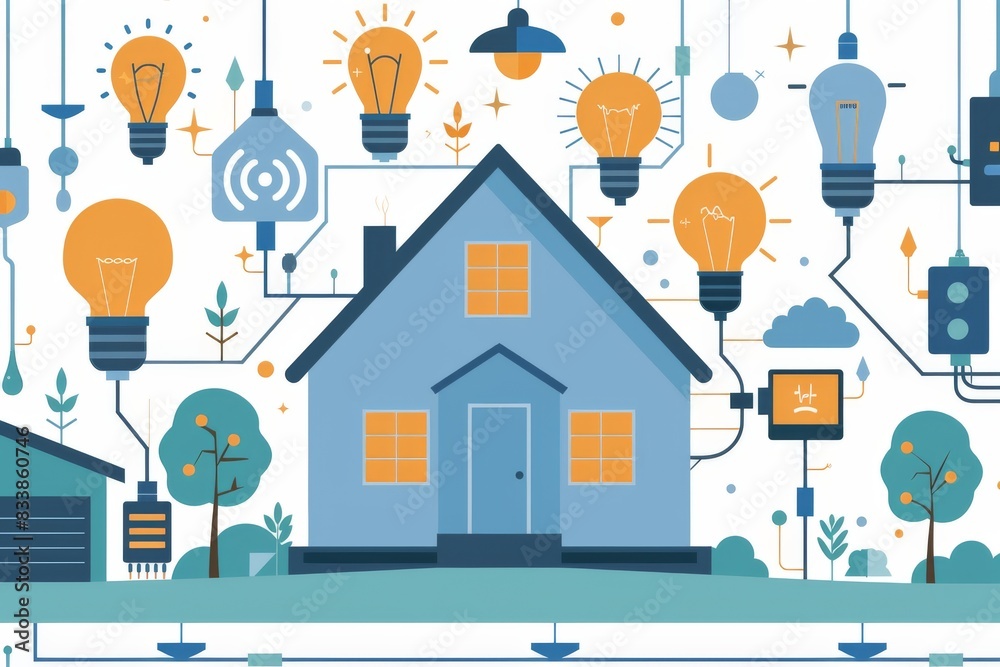 Smart home illustration with connected devices and digital technology, showcasing modern home automation