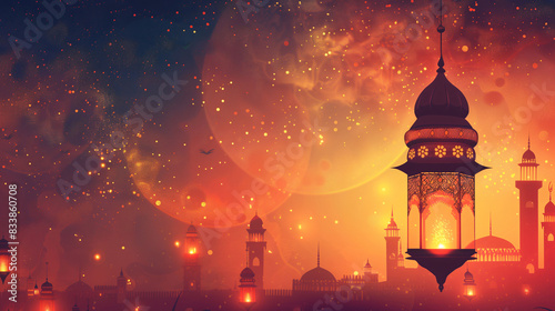 Arabic lantern of ramadan celebration background. Islamic holiday banner © tzu