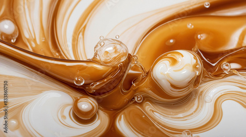 Texture pattern of liquid caramel with milk, dulche de leche, salted caramel dessert. Top view of sweet brown white liquid with bubbles and swirls