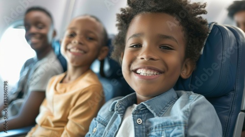 Three children sitting in airplane seats smiling and looking at the camera with a view of the airplane window and the sky through the window.