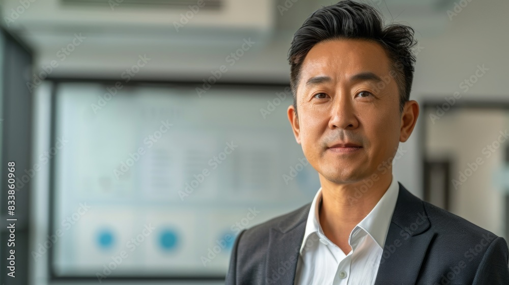 Fototapeta premium A man in a suit standing confidently in an office environment with a professional demeanor.