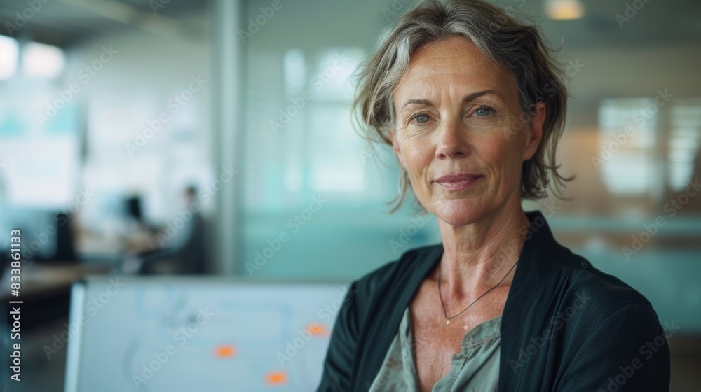Fototapeta premium A poised middle-aged woman with short gray hair wearing a dark blazer and a light-colored shirt sitting in a modern office with a whiteboard in the background.
