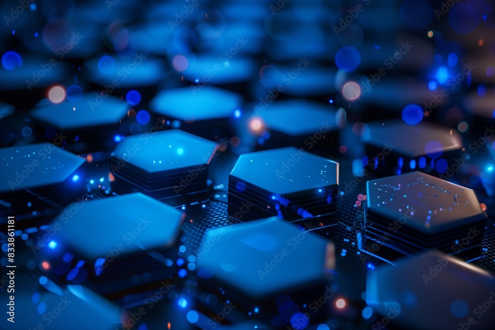 Fototapeta premium A close up of a blue hexagonal pattern with a blue background. The pattern is made up of small squares and the squares are all different sizes