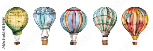 Set collection of hand drawn colorful hot air balloon festival adventure vehicles flights sky