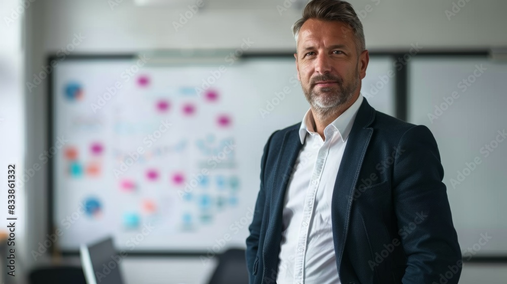 A man in a suit standing in front of a whiteboard with colorful notes and diagrams suggesting a professional or business setting. A man in a suit standing in front of a whiteboard with colorful notes and diagrams suggesting a professional or business setting.