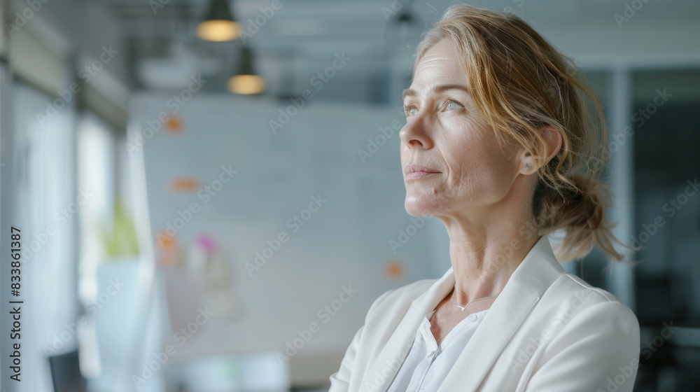 Woman in white blazer looking contemplative with window in background. Woman in white blazer looking contemplative with window in background.