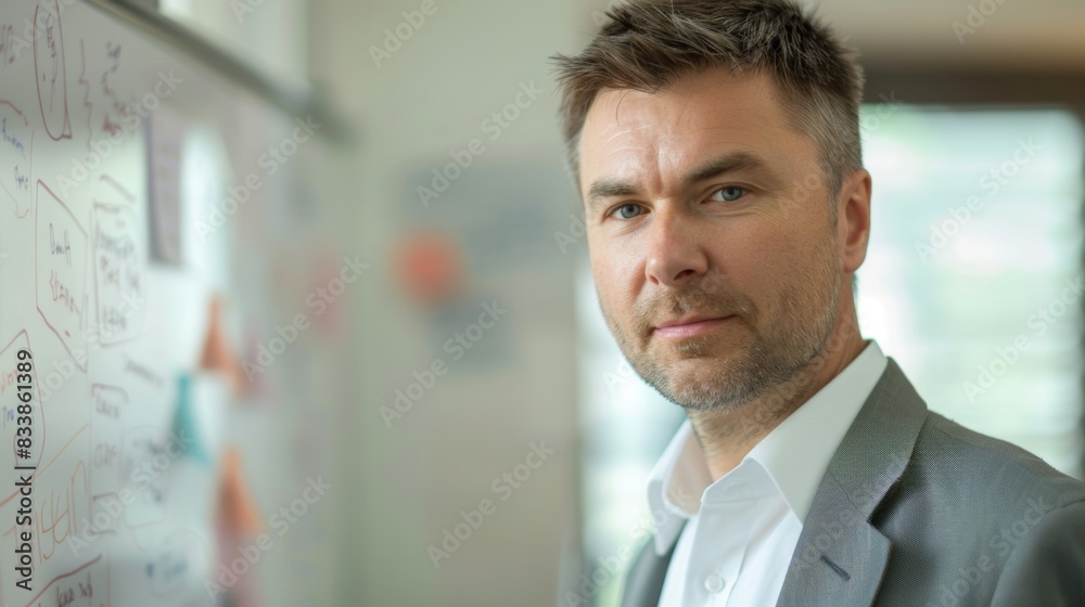 A man with a beard and gray hair wearing a suit and standing in front of a whiteboard with writing on it. A man with a beard and gray hair wearing a suit and standing in front of a whiteboard with writing on it.