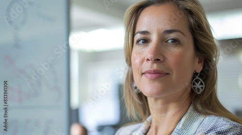 A woman with long hair and earrings wearing a patterned jacket standing in front of a whiteboard with handwritten notes looking directly at the camera with a slight smile. Free Download A woman with long hair and earrings wearing a patterned jacket standing in front of a whiteboard with handwritten notes looking directly at the camera with a slight smile. - GFXLoad